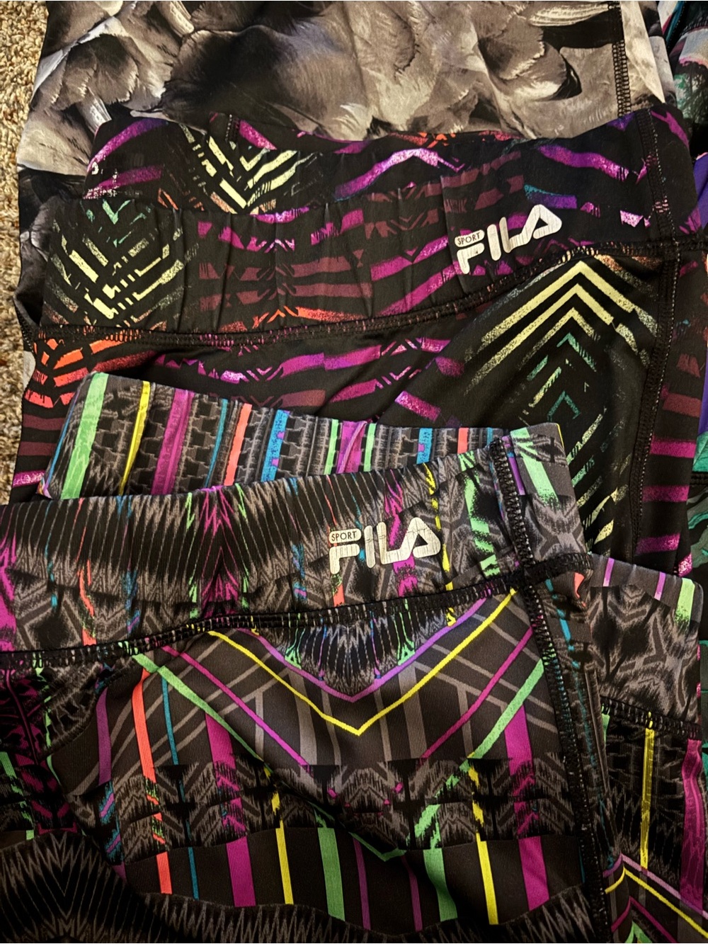 10 pairs of Fila Black Leggings with Neon Multicolor Geometric Print